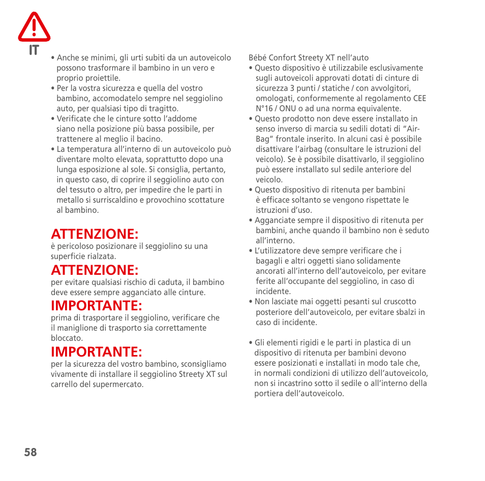 Attenzione, Importante | Bebe Confort Streety XT User Manual | Page 56 / 106