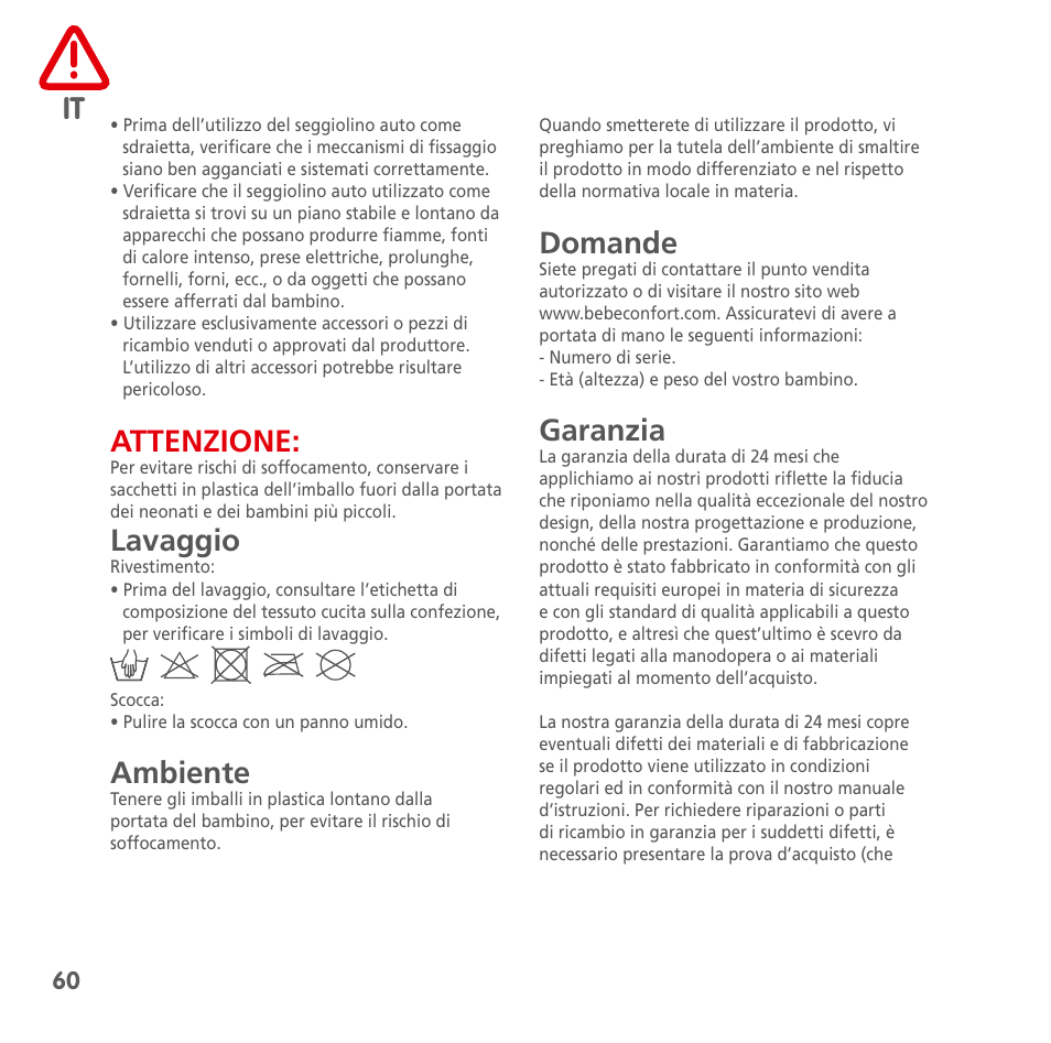 Attenzione, Lavaggio, Ambiente | Domande, Garanzia | Bebe Confort Streety XT User Manual | Page 58 / 106