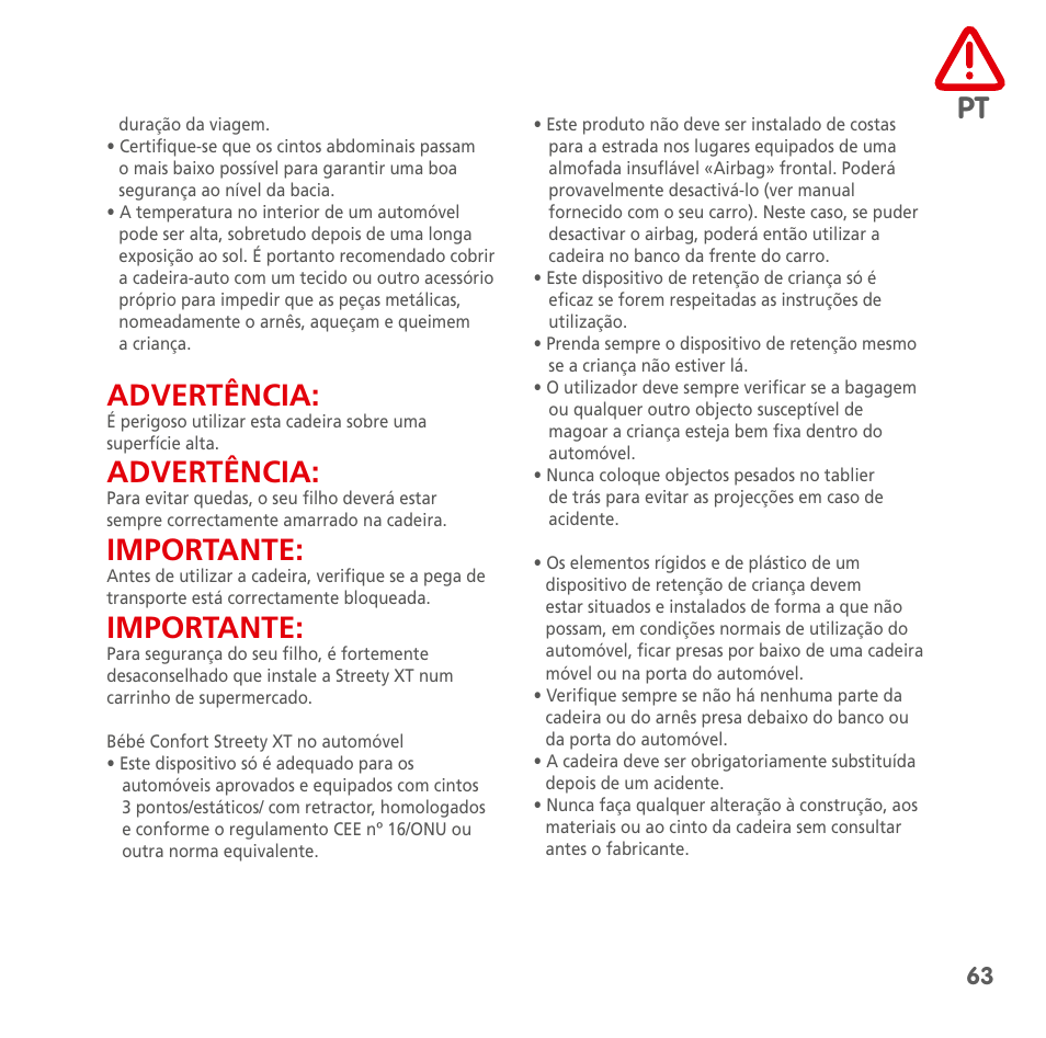 Advertência, Importante | Bebe Confort Streety XT User Manual | Page 61 / 106