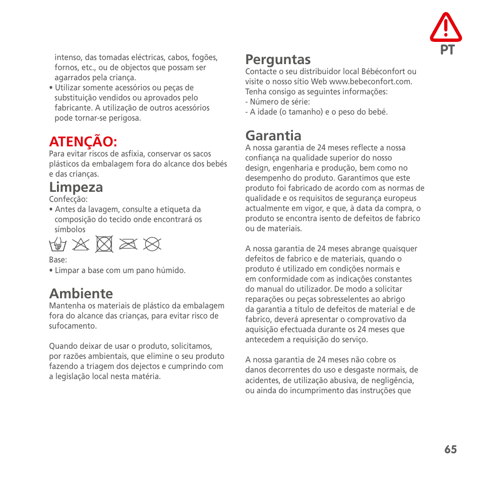 Atenção, Limpeza, Ambiente | Perguntas, Garantia | Bebe Confort Streety XT User Manual | Page 63 / 106