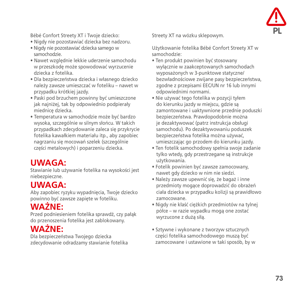 Uwaga, Ważne | Bebe Confort Streety XT User Manual | Page 71 / 106