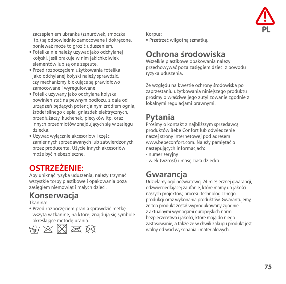 Ostrzeżenie, Konserwacja, Ochrona środowiska | Pytania, Gwarancja | Bebe Confort Streety XT User Manual | Page 73 / 106