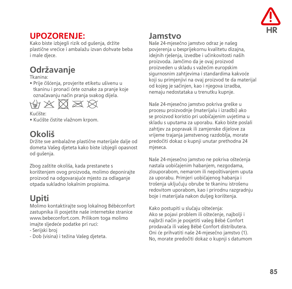 Upozorenje, Održavanje, Okoliš | Upiti, Jamstvo | Bebe Confort Streety XT User Manual | Page 83 / 106