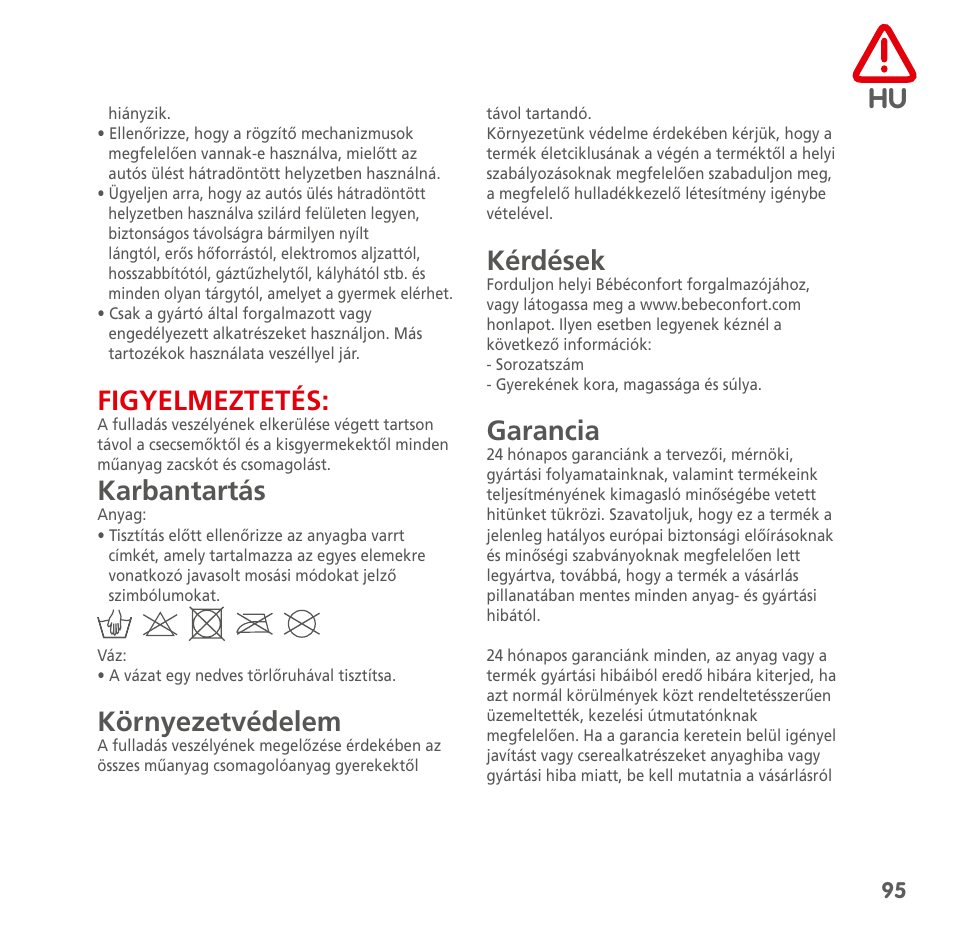 Figyelmeztetés, Karbantartás, Környezetvédelem | Kérdések, Garancia | Bebe Confort Streety XT User Manual | Page 93 / 106