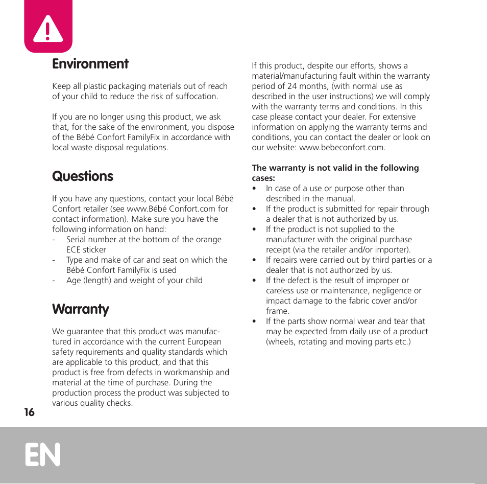 Environment, Questions, Warranty | Bebe Confort FamilyFix User Manual | Page 14 / 42