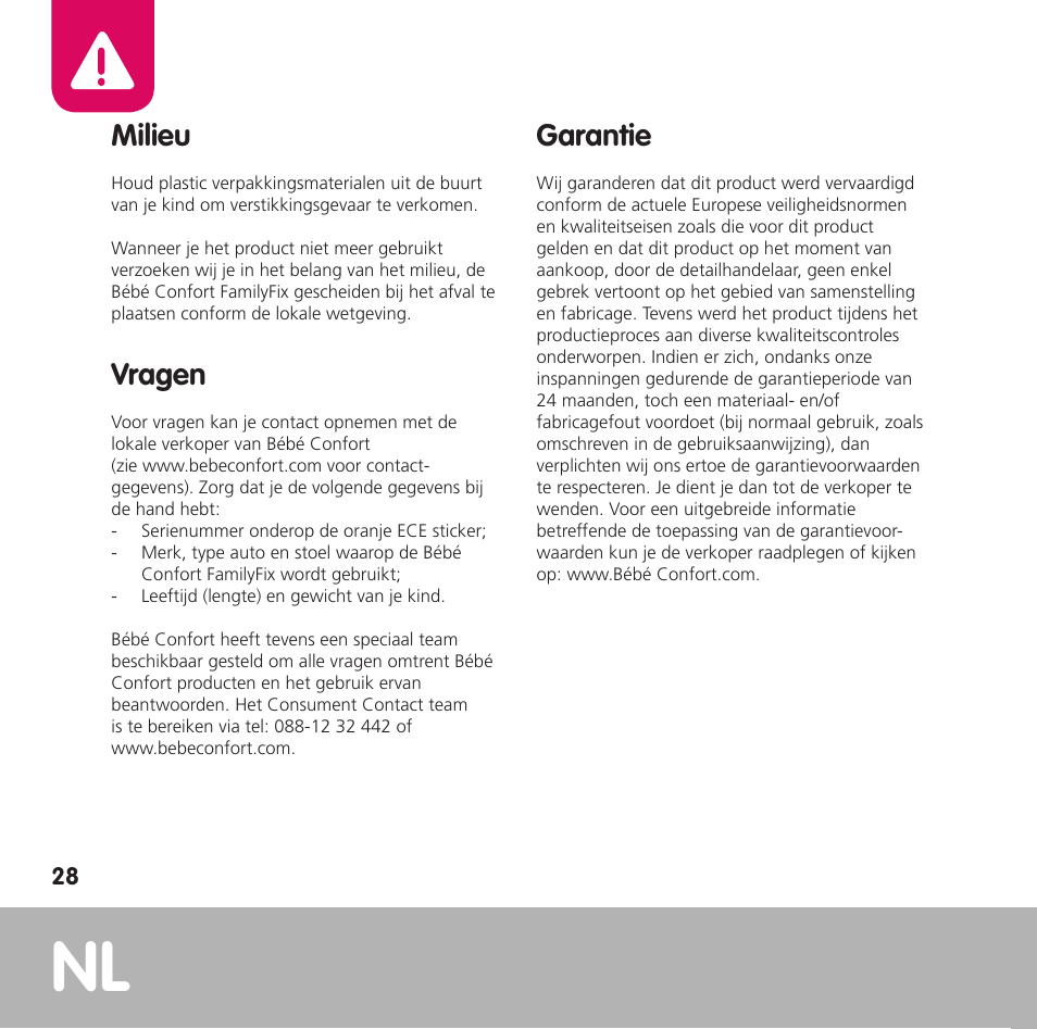 Milieu, Vragen, Garantie | Bebe Confort FamilyFix User Manual | Page 26 / 42