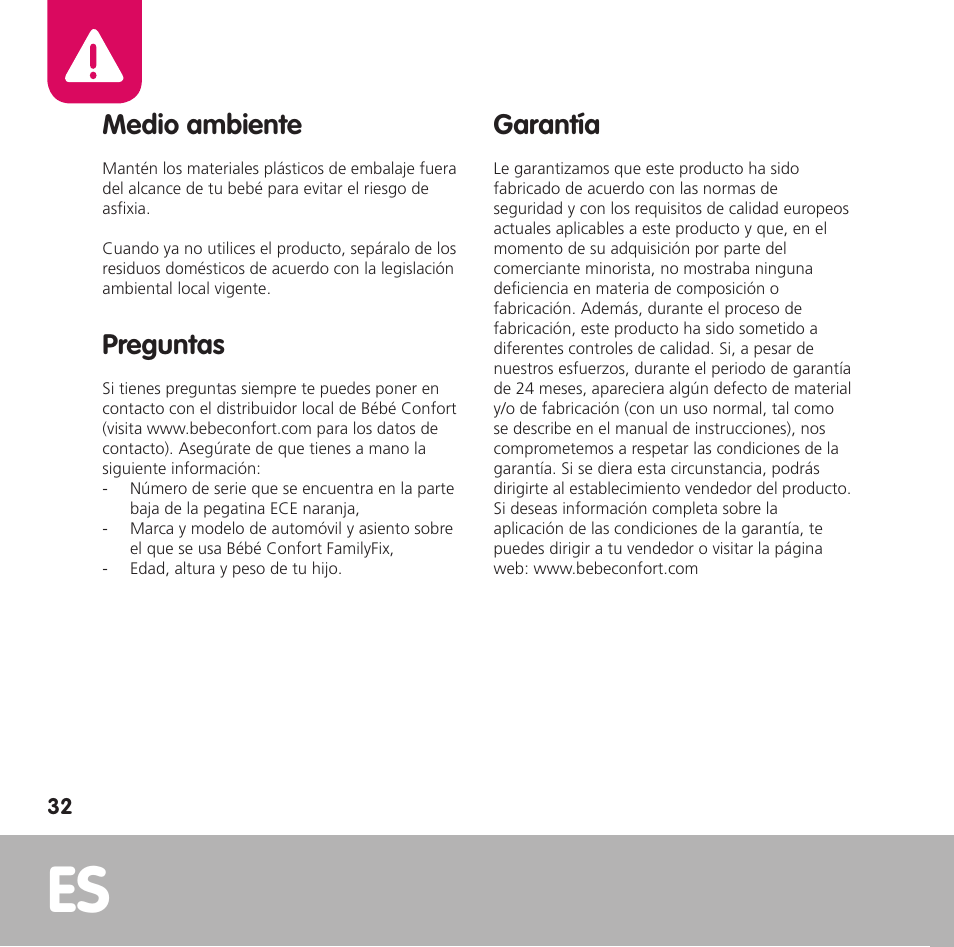 Medio ambiente, Preguntas, Garantía | Bebe Confort FamilyFix User Manual | Page 30 / 42