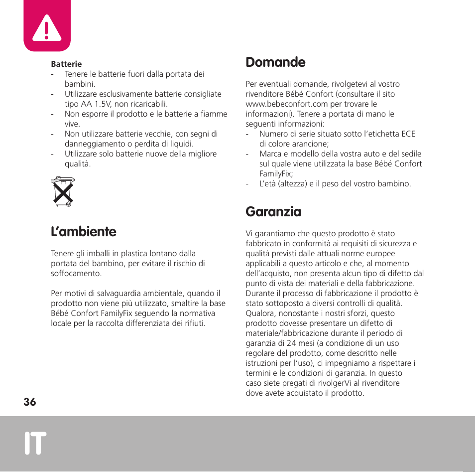 L’ambiente, Domande, Garanzia | Bebe Confort FamilyFix User Manual | Page 34 / 42