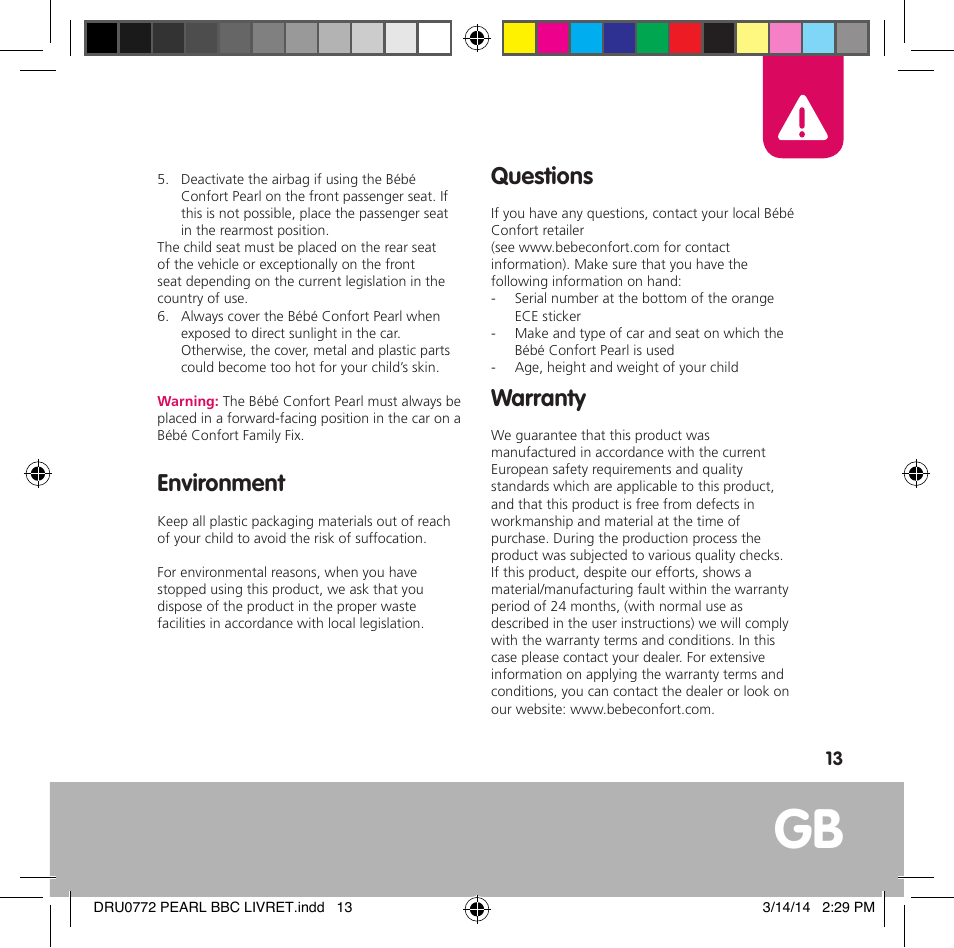Environment, Questions, Warranty | Bebe Confort Pearl User Manual | Page 14 / 34