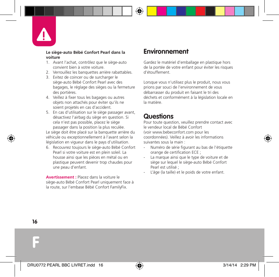 Environnement, Questions | Bebe Confort Pearl User Manual | Page 17 / 34