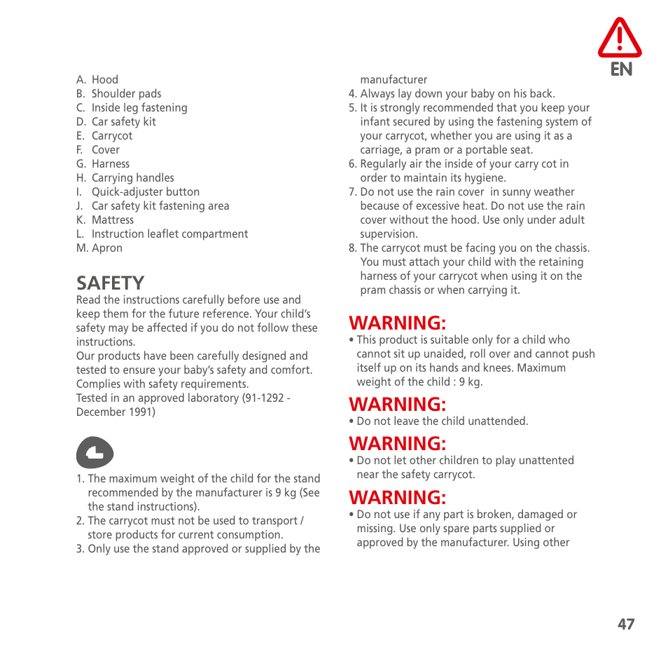 Safety, Warning | Bebe Confort Windoo Plus User Manual | Page 45 / 102