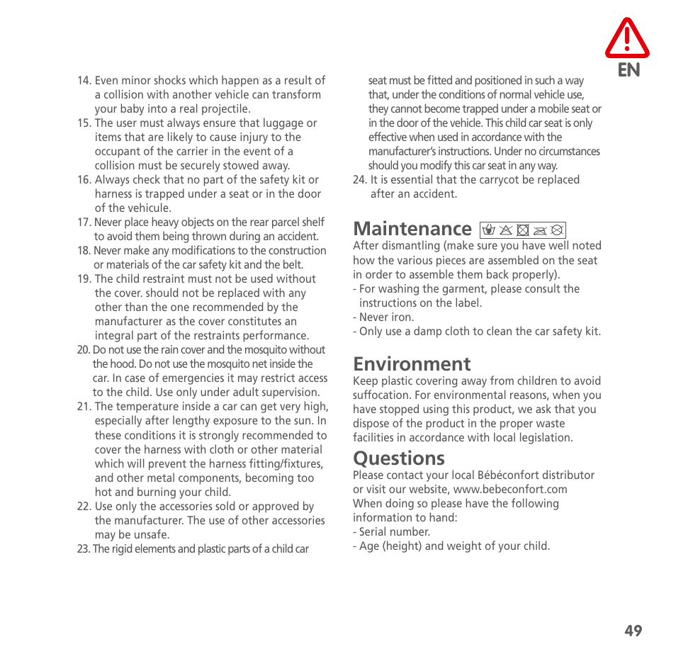 Maintenance, Environment, Questions | Bebe Confort Windoo Plus User Manual | Page 47 / 102