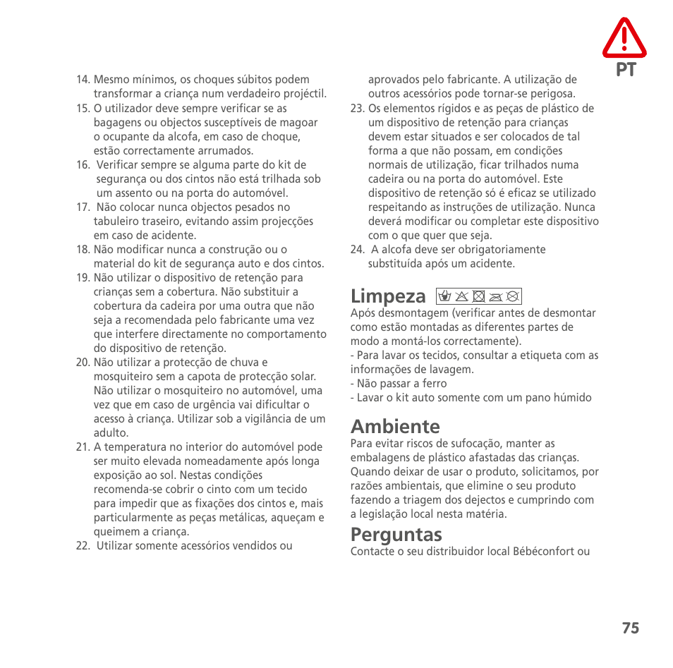 Limpeza, Ambiente, Perguntas | Bebe Confort Windoo Plus User Manual | Page 73 / 102