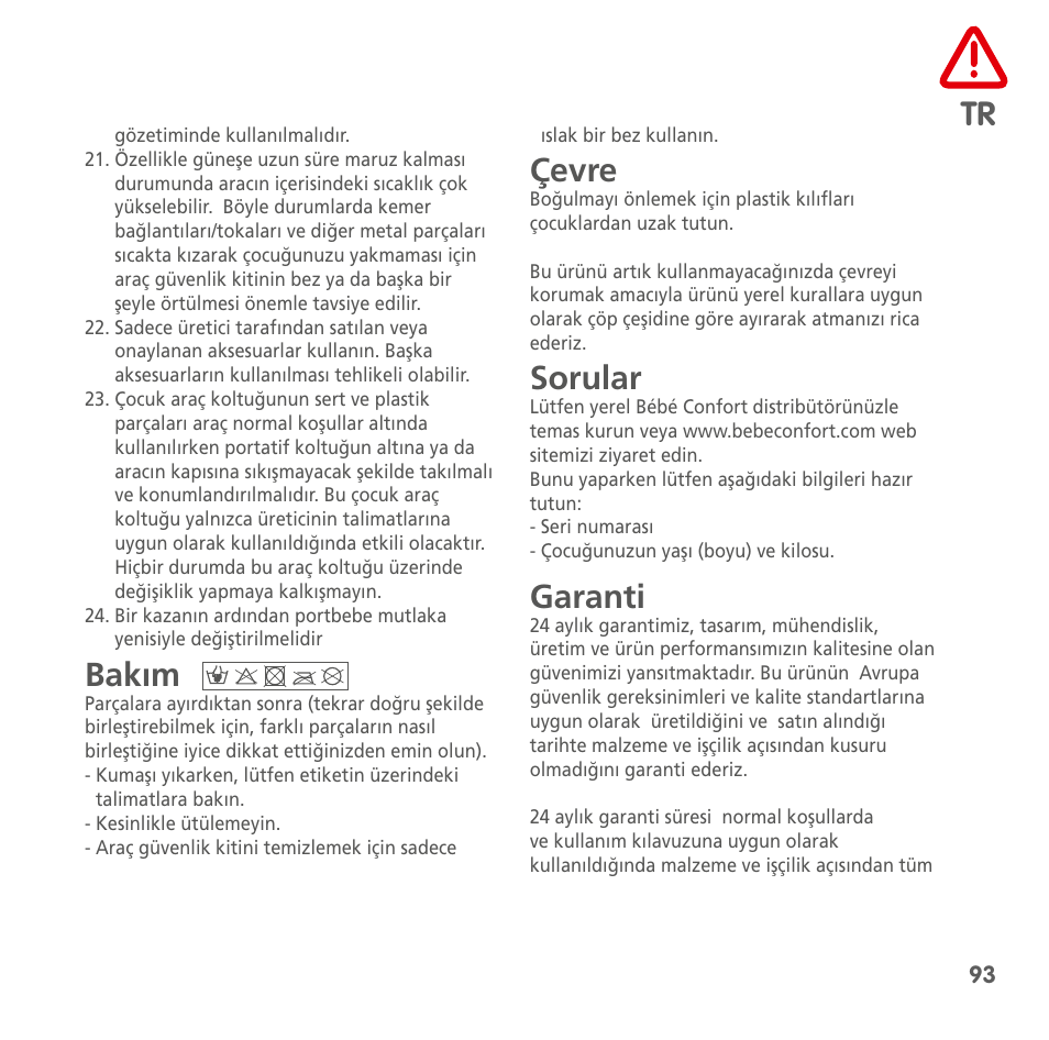 Bakım, Çevre, Sorular | Garanti | Bebe Confort Compact safety carrycot User Manual | Page 91 / 102