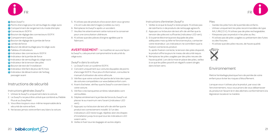 Environnement, Instructions de sécurité, Avertissement | Bebe Confort 2wayFix User Manual | Page 11 / 27