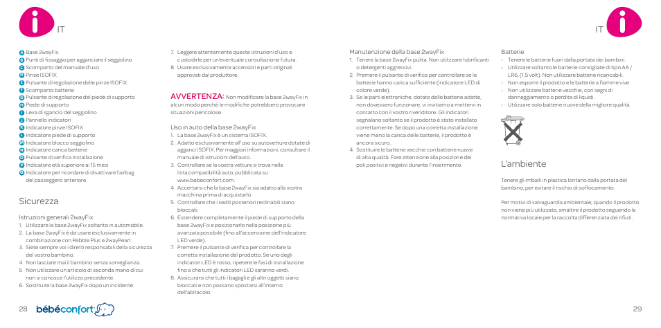 L’ambiente, Sicurezza, Avvertenza | Bebe Confort 2wayFix User Manual | Page 15 / 27