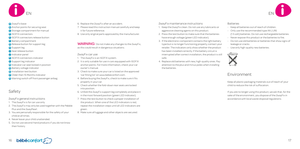 Environment, Safety, Warning | Bebe Confort 2wayFix User Manual | Page 9 / 27