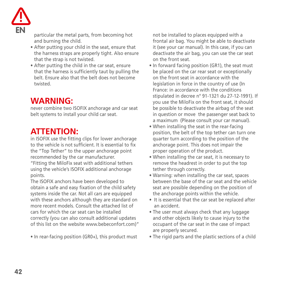 Warning, Attention | Bebe Confort MiloFix User Manual | Page 40 / 94