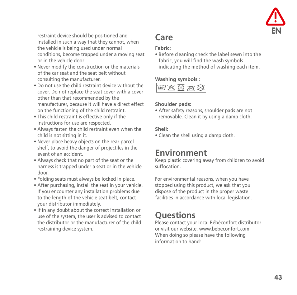 Care, Environment, Questions | Bebe Confort MiloFix User Manual | Page 41 / 94