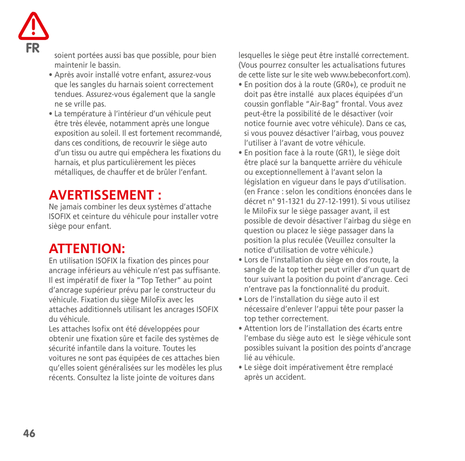 Avertissement, Attention | Bebe Confort MiloFix User Manual | Page 44 / 94