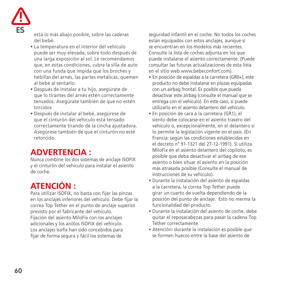 Advertencia, Atención | Bebe Confort MiloFix User Manual | Page 58 / 94
