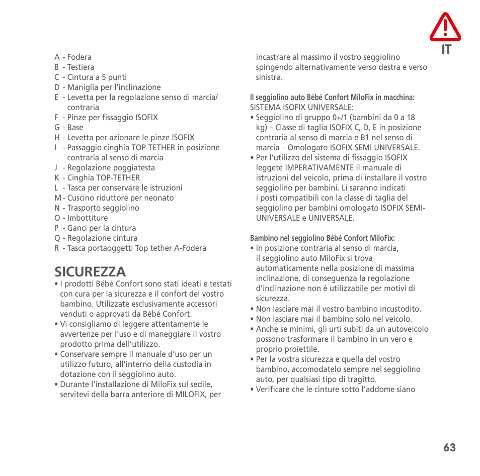 Sicurezza | Bebe Confort MiloFix User Manual | Page 61 / 94