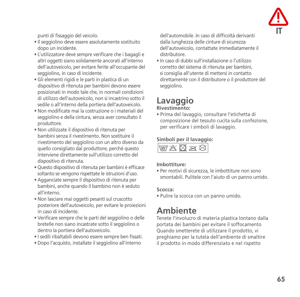 Lavaggio, Ambiente | Bebe Confort MiloFix User Manual | Page 63 / 94