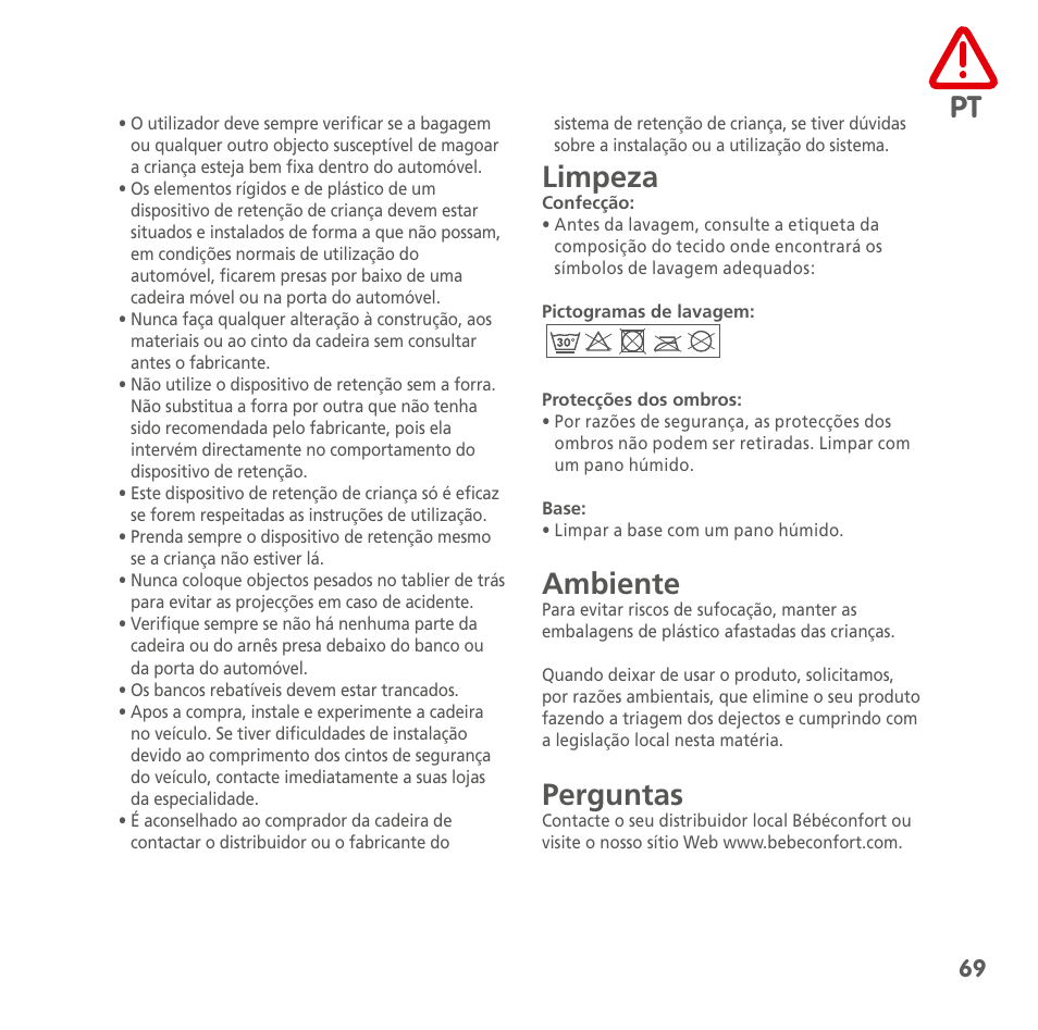 Limpeza, Ambiente, Perguntas | Bebe Confort MiloFix User Manual | Page 67 / 94