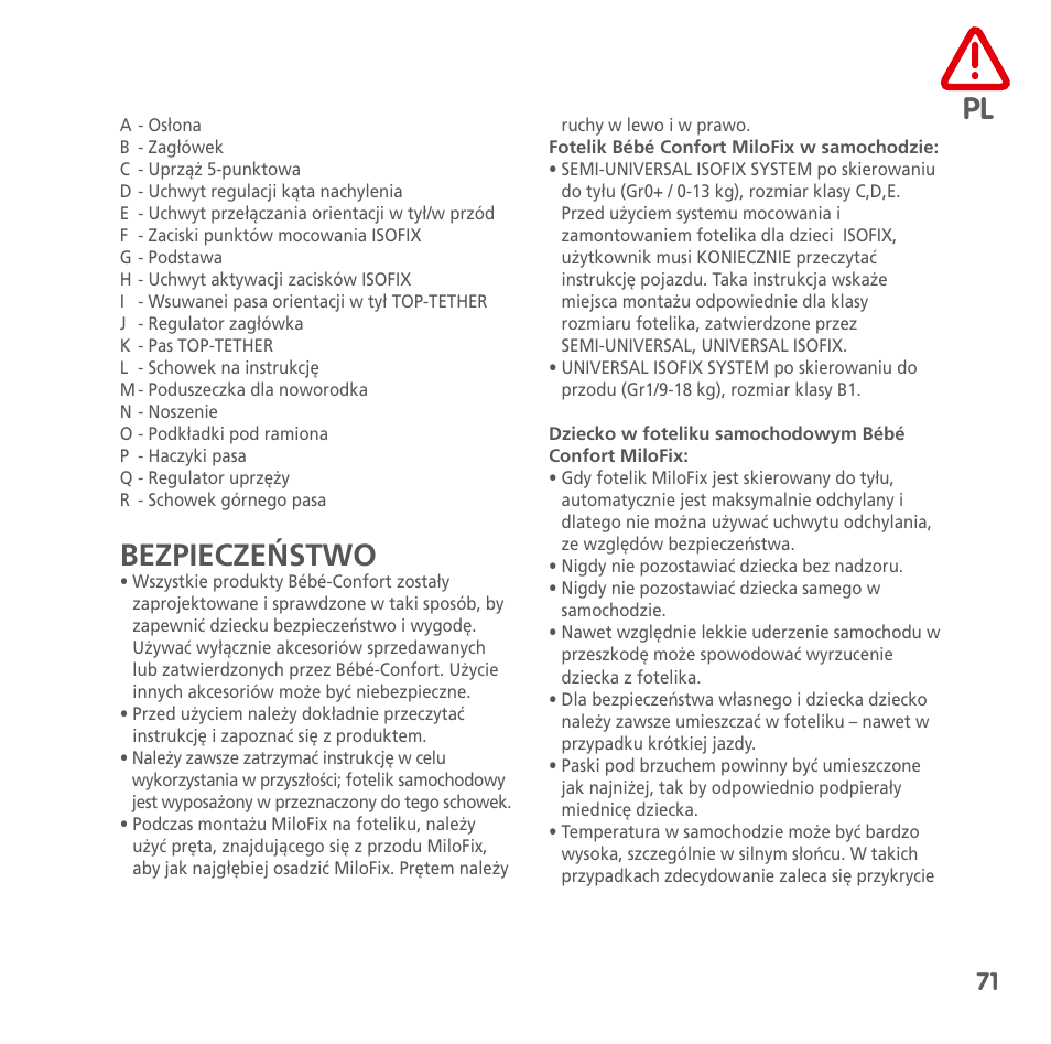 Bezpieczeństwo | Bebe Confort MiloFix User Manual | Page 69 / 94
