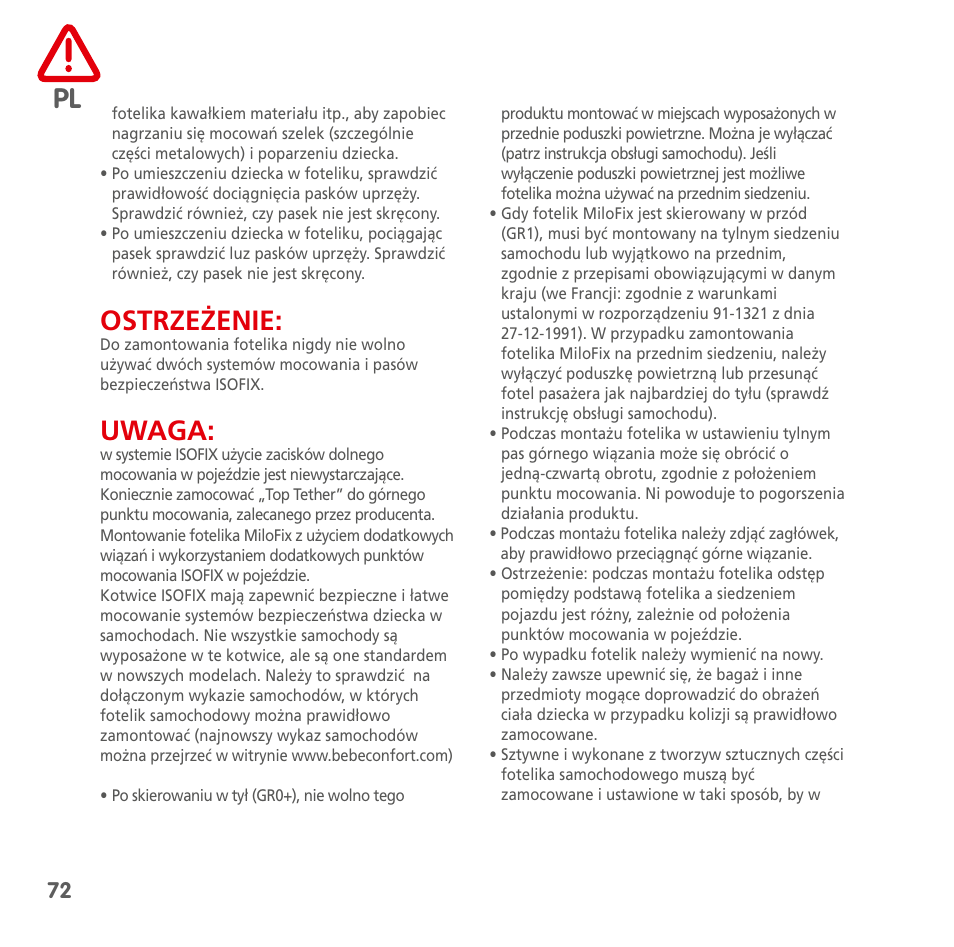 Ostrzeżenie, Uwaga | Bebe Confort MiloFix User Manual | Page 70 / 94
