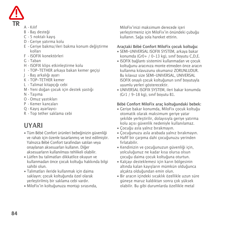 Uyari | Bebe Confort MiloFix User Manual | Page 82 / 94