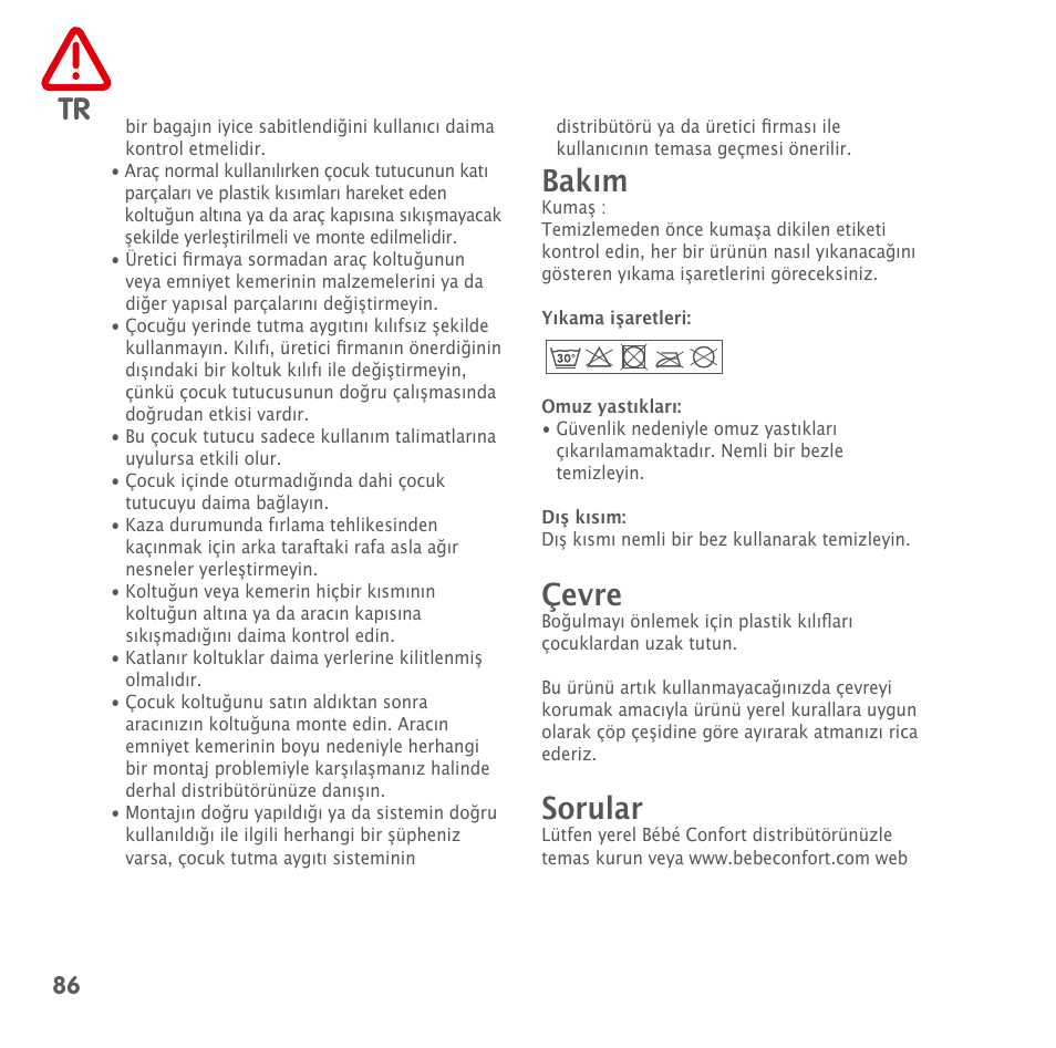 Bakım, Çevre, Sorular | Bebe Confort MiloFix User Manual | Page 84 / 94