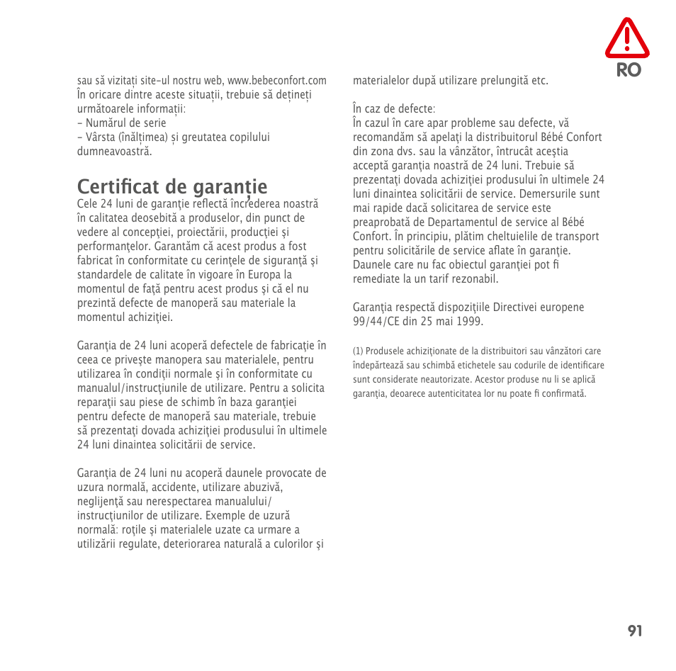 Certificat de garanție | Bebe Confort MiloFix User Manual | Page 89 / 94