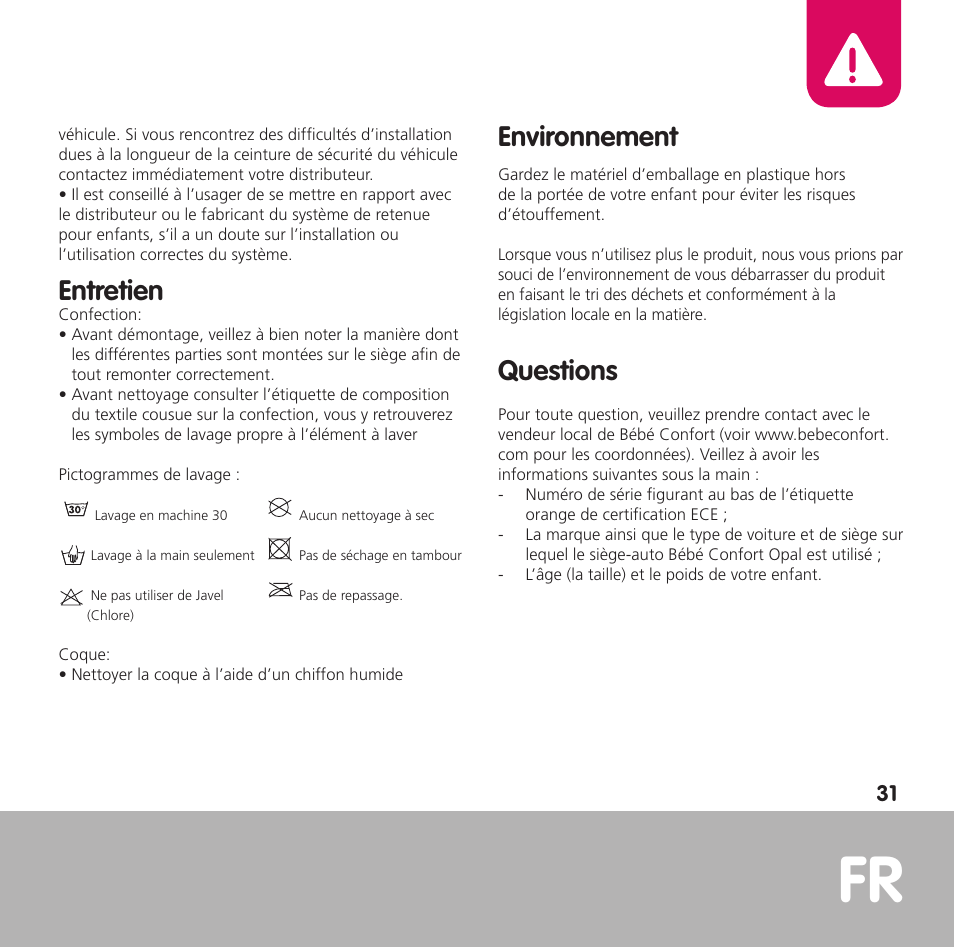 Entretien, Environnement, Questions | Bebe Confort Opal User Manual | Page 31 / 54