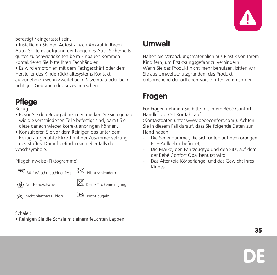 Pflege, Umwelt, Fragen | Bebe Confort Opal User Manual | Page 35 / 54