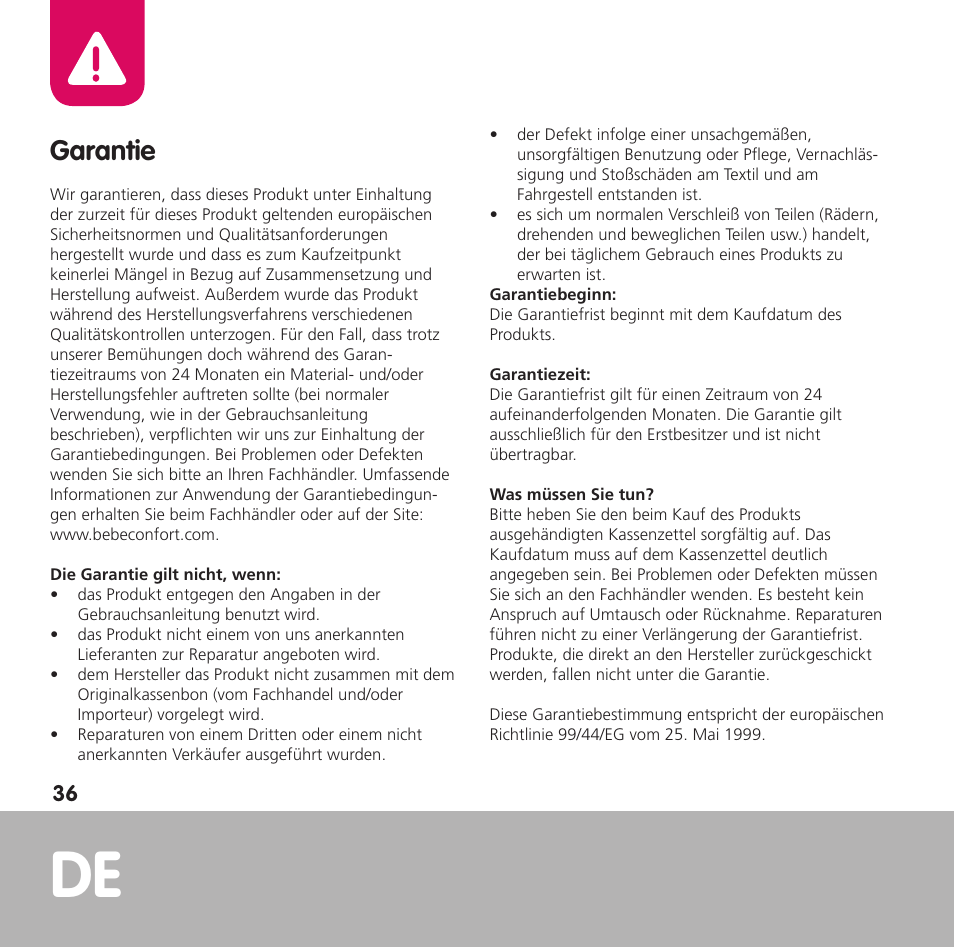 Garantie | Bebe Confort Opal User Manual | Page 36 / 54