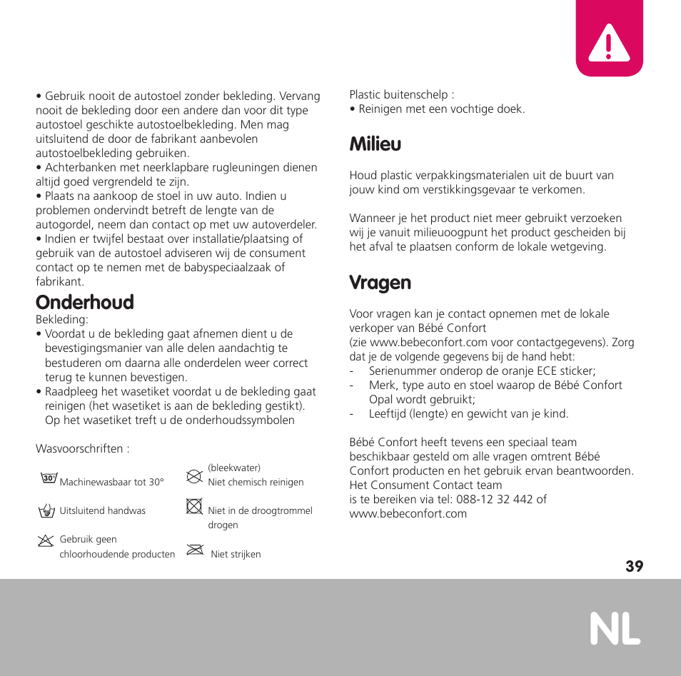 Onderhoud, Milieu, Vragen | Bebe Confort Opal User Manual | Page 39 / 54