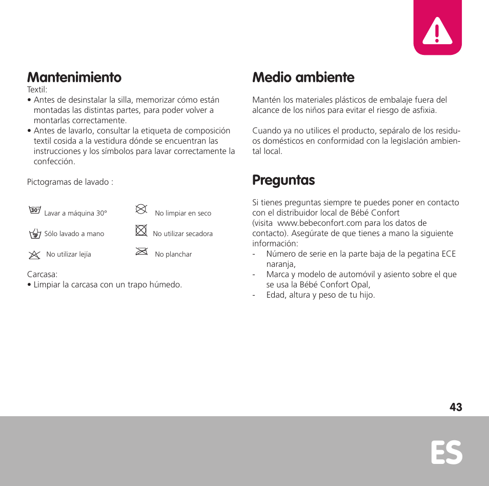 Mantenimiento, Medio ambiente, Preguntas | Bebe Confort Opal User Manual | Page 43 / 54
