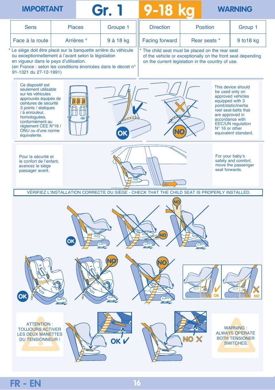 18 kg gr. 1, Fr - en, Important warning | Bebe Confort Iseos Neo+ User Manual | Page 16 / 80