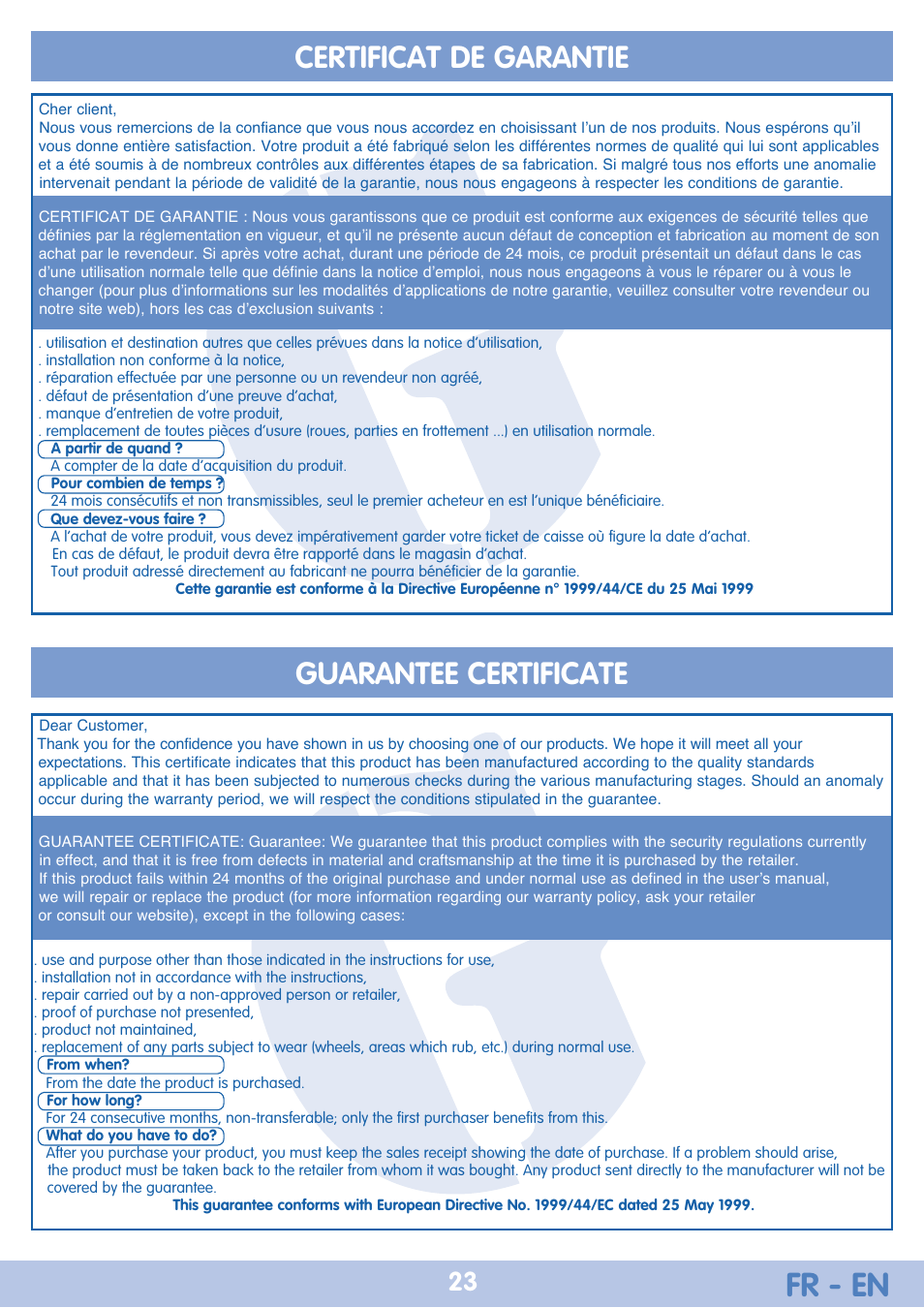 Fr - en, Certificat de garantie guarantee certificate | Bebe Confort Iseos Neo+ User Manual | Page 23 / 80