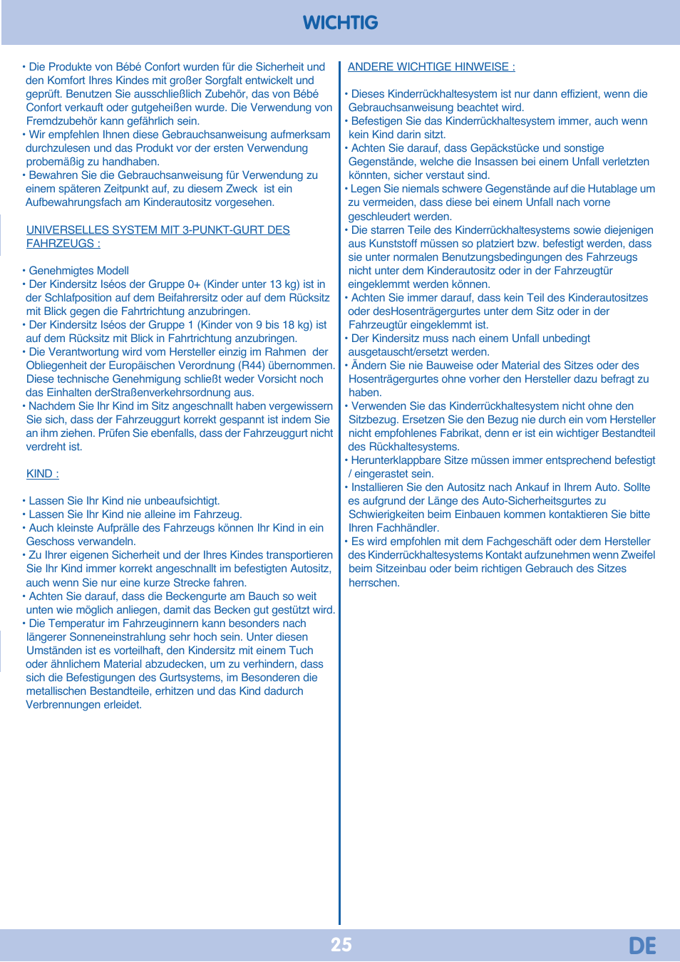 Wichtig | Bebe Confort Iseos Neo+ User Manual | Page 25 / 80