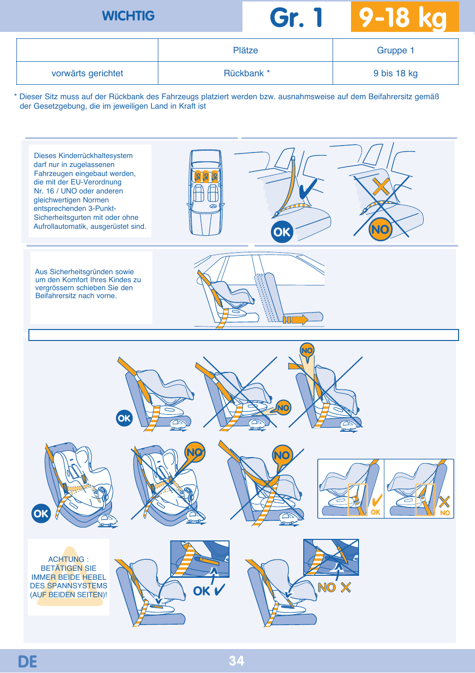 18 kg gr. 1, Wichtig | Bebe Confort Iseos Neo+ User Manual | Page 34 / 80