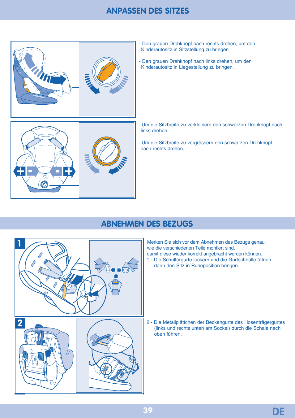 Abnehmen des bezugs, Anpassen des sitzes | Bebe Confort Iseos Neo+ User Manual | Page 39 / 80