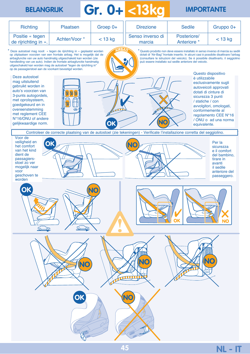 Gr. 0+ <13kg, Nl - it, Belangrijk importante | Bebe Confort Iseos Neo+ User Manual | Page 45 / 80