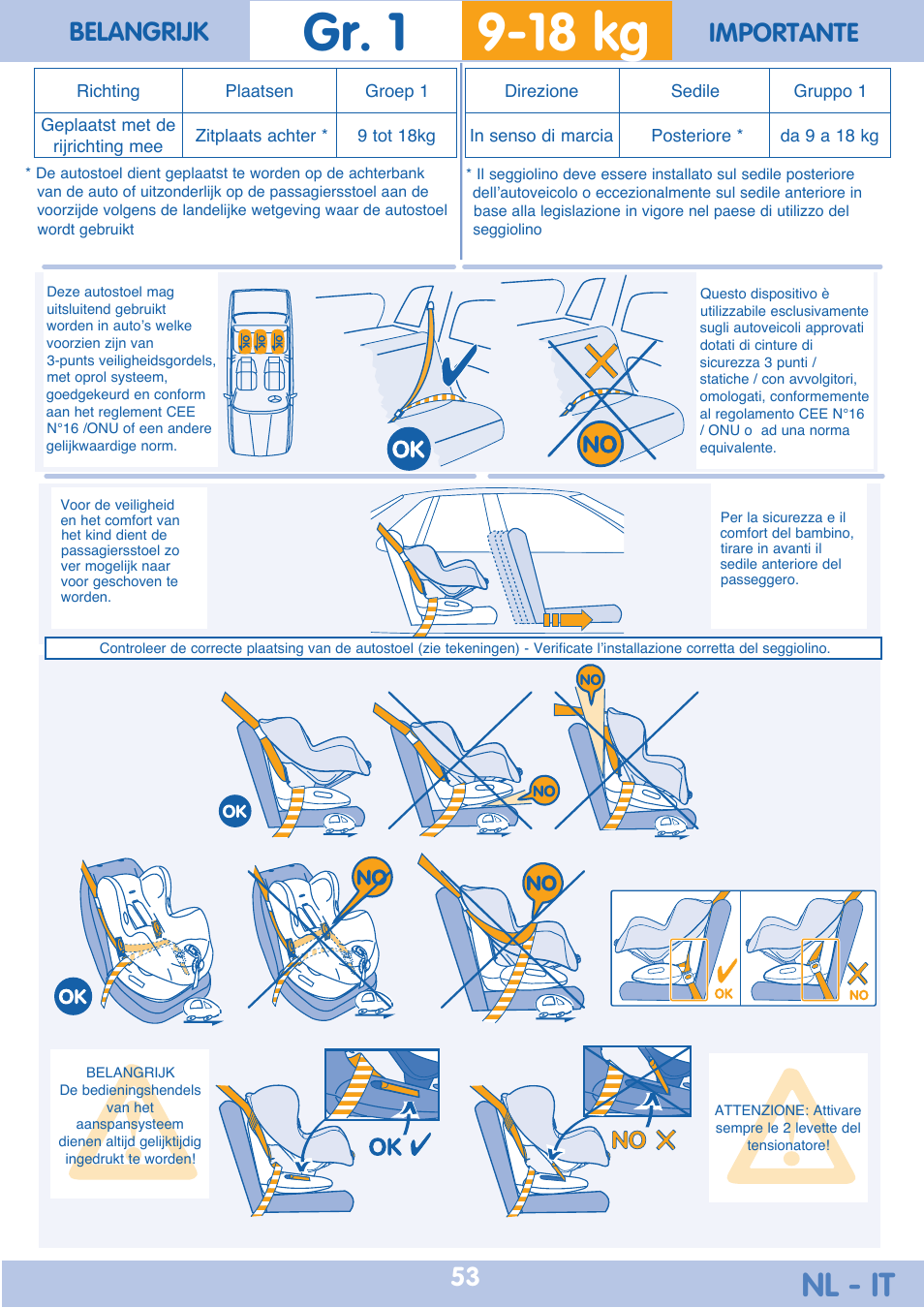 18 kg gr. 1, Nl - it, Belangrijk importante | Bebe Confort Iseos Neo+ User Manual | Page 53 / 80