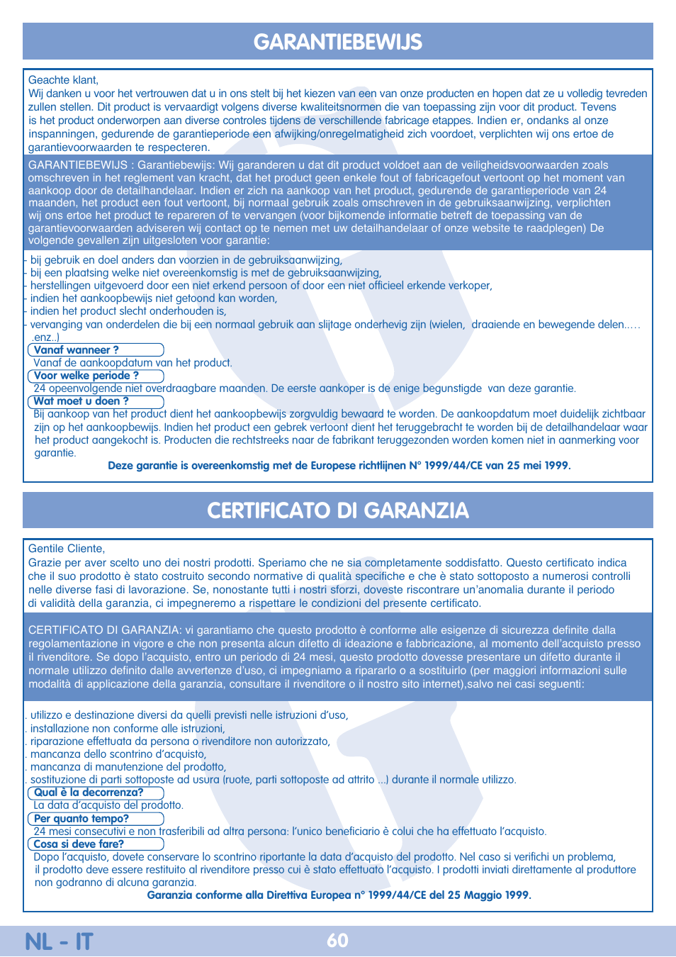 Nl - it, Certificato di garanzia, Garantiebewijs | Bebe Confort Iseos Neo+ User Manual | Page 60 / 80