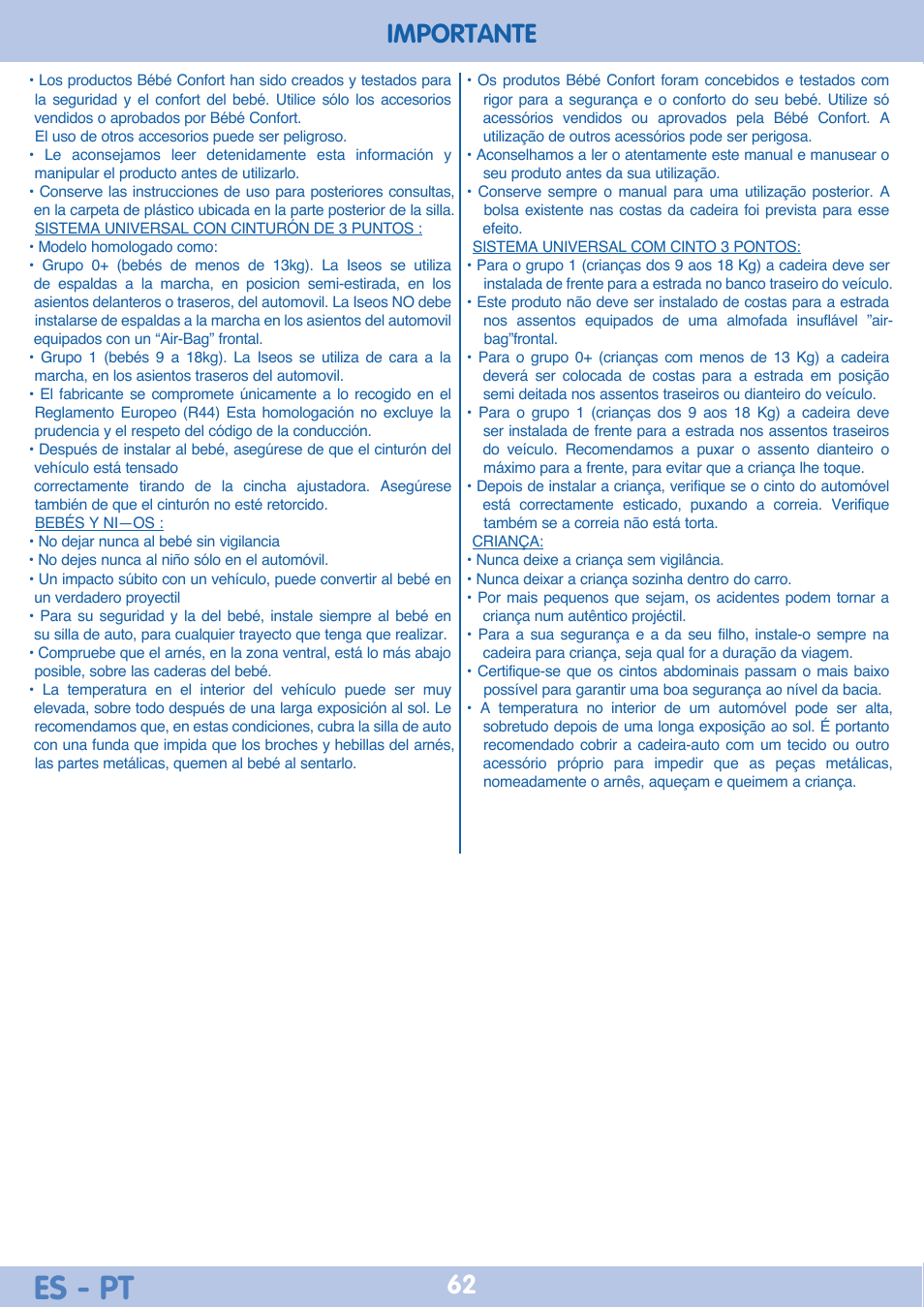 Es - pt, Importante | Bebe Confort Iseos Neo+ User Manual | Page 62 / 80