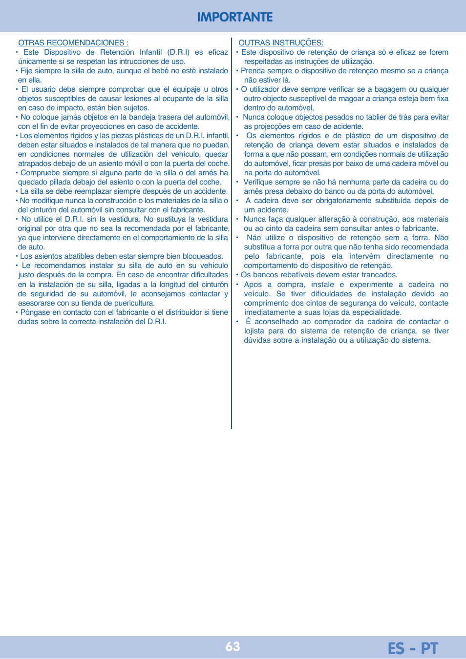 Es - pt, Importante | Bebe Confort Iseos Neo+ User Manual | Page 63 / 80