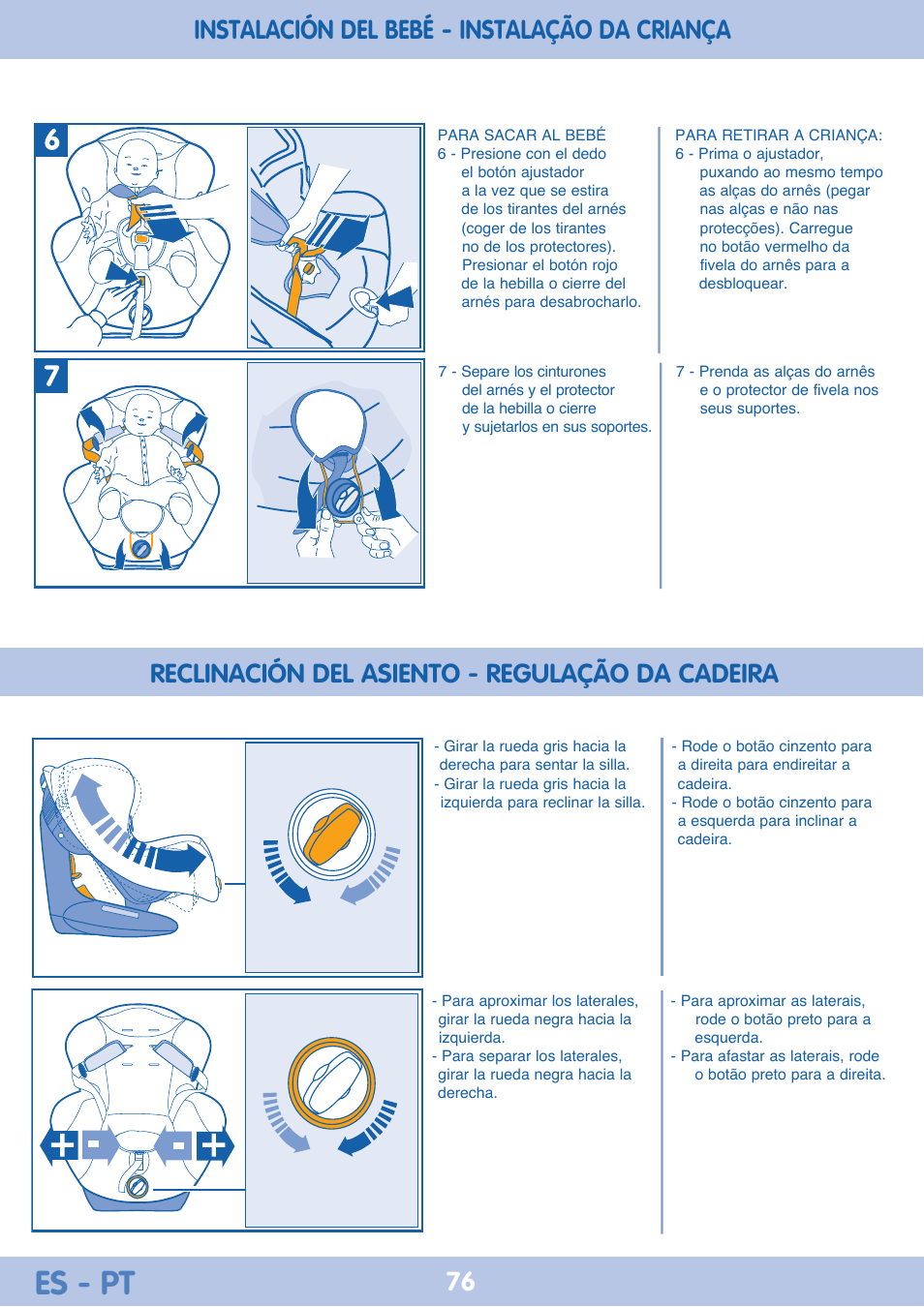 Es - pt, Reclinación del asiento - regulação da cadeira, Instalación del bebé - instalação da criança | Bebe Confort Iseos Neo+ User Manual | Page 76 / 80