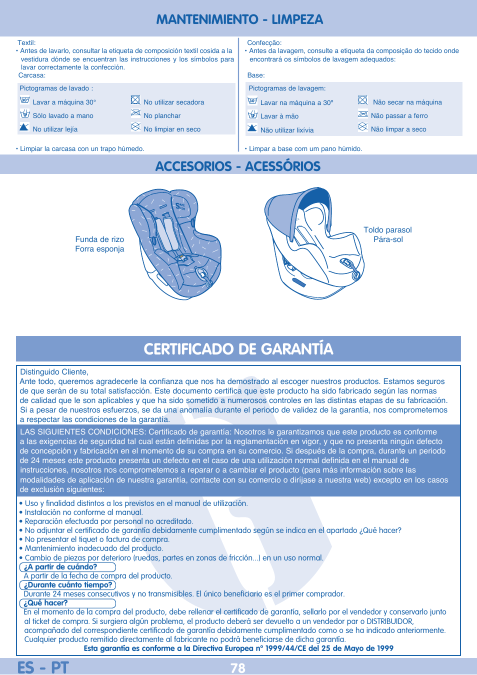 Es - pt, Certificado de garantía, Mantenimiento - limpeza accesorios - acessórios | Bebe Confort Iseos Neo+ User Manual | Page 78 / 80